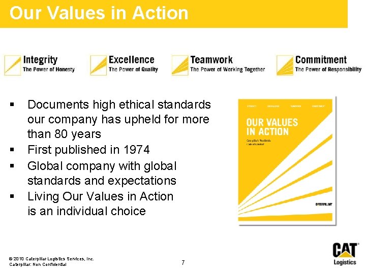 Our Values in Action § § Documents high ethical standards our company has upheld Our Values in Action § § Documents high ethical standards our company has upheld