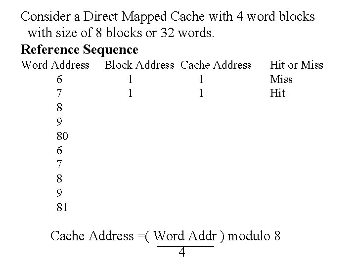 Consider a Direct Mapped Cache with 4 word blocks with size of 8 blocks