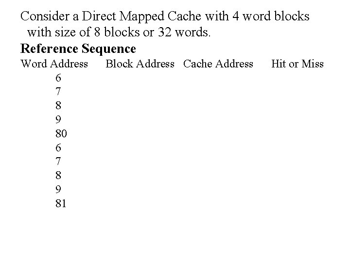 Consider a Direct Mapped Cache with 4 word blocks with size of 8 blocks