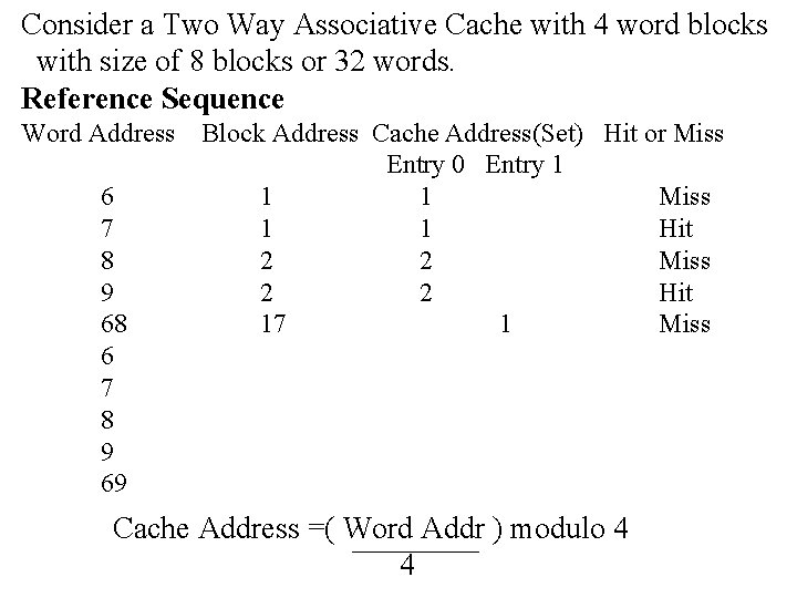 Consider a Two Way Associative Cache with 4 word blocks with size of 8