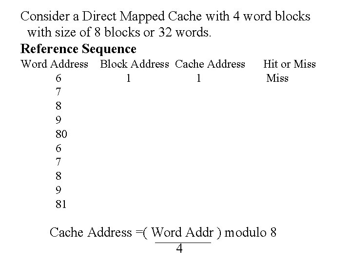 Consider a Direct Mapped Cache with 4 word blocks with size of 8 blocks