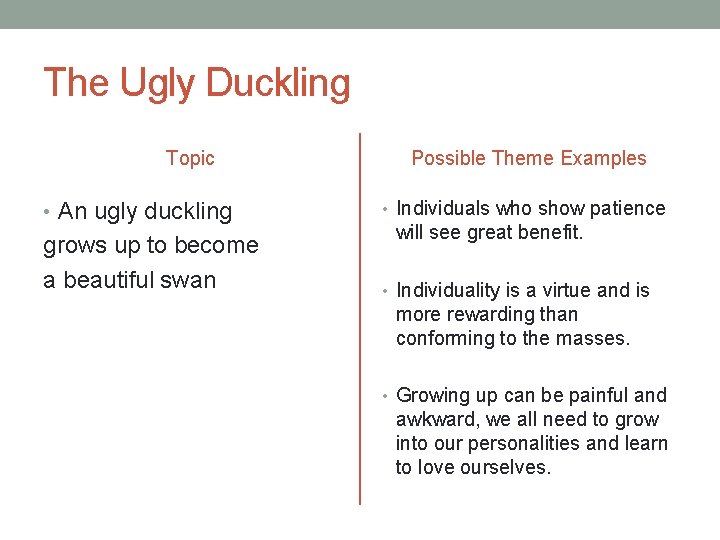 The Ugly Duckling Topic Possible Theme Examples • An ugly duckling • Individuals who