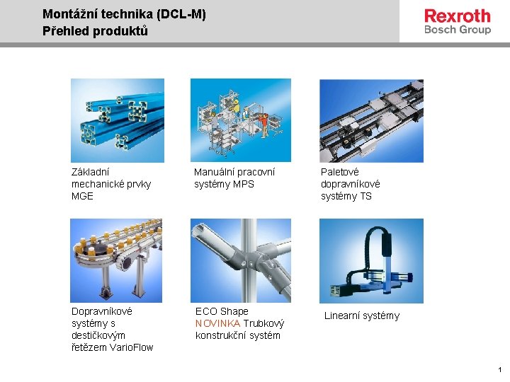 Montážní technika (DCL-M) Přehled produktů Základní mechanické prvky MGE Manuální pracovní systémy MPS Dopravníkové