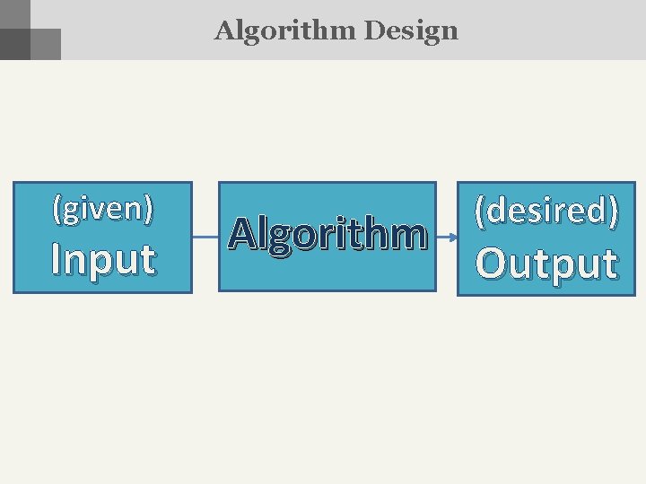 Algorithm Design (given) Input Algorithm (desired) Output 