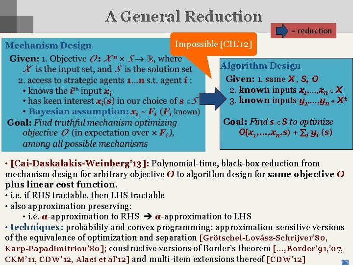 A General Reduction = reduction Impossible [CIL’ 12] Algorithm Design Given: 1. same X