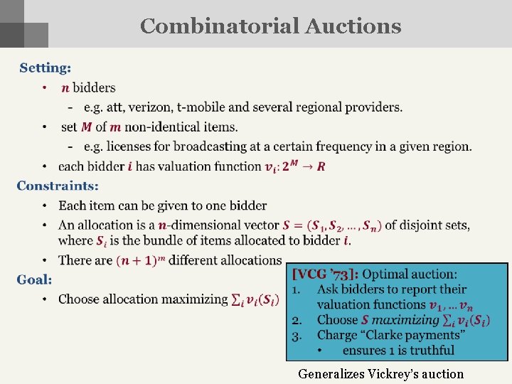 Combinatorial Auctions Generalizes Vickrey’s auction 