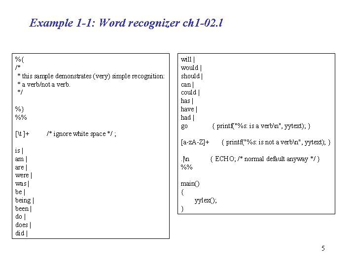 Example 1 -1: Word recognizer ch 1 -02. l %{ /* * this sample