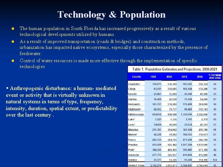 Technology & Population n The human population in South Florida has increased progressively as