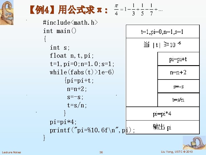 【例4】用公式求π: #include<math. h> int main() { int s; float n, t, pi; t=1, pi=0;