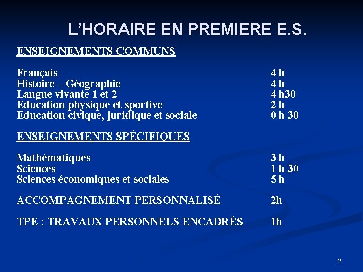 L’HORAIRE EN PREMIERE E. S. ENSEIGNEMENTS COMMUNS Français Histoire – Géographie Langue vivante 1