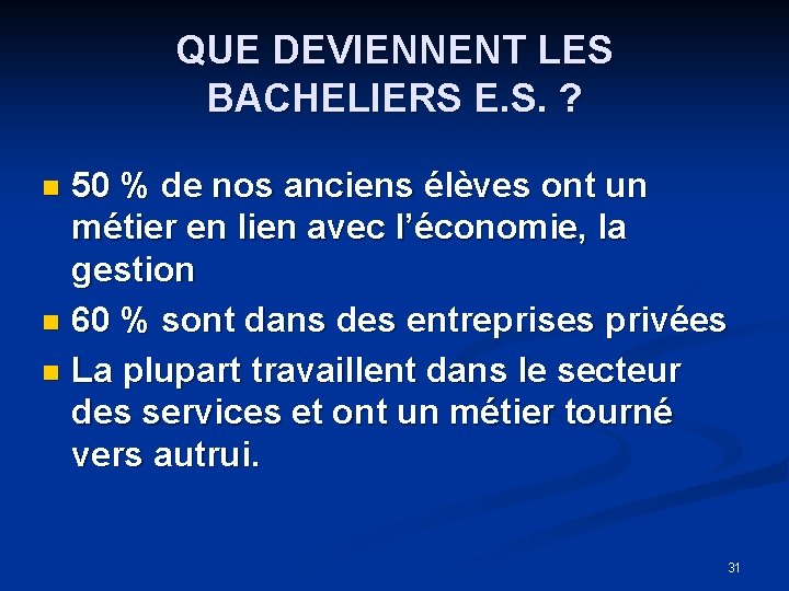 QUE DEVIENNENT LES BACHELIERS E. S. ? 50 % de nos anciens élèves ont