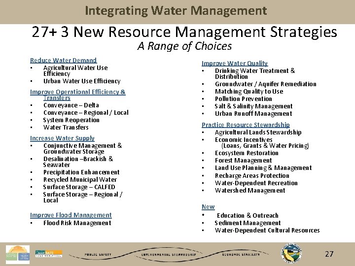 Integrating Water Management 27+ 3 New Resource Management Strategies A Range of Choices Reduce