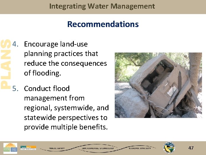 Integrating Water Management Recommendations PLANS 4. Encourage land-use planning practices that reduce the consequences