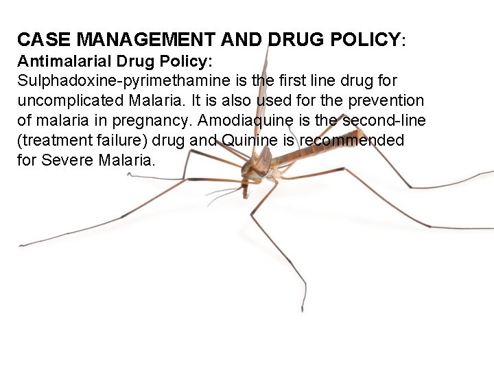 CASE MANAGEMENT AND DRUG POLICY: Antimalarial Drug Policy: Sulphadoxine-pyrimethamine is the first line drug