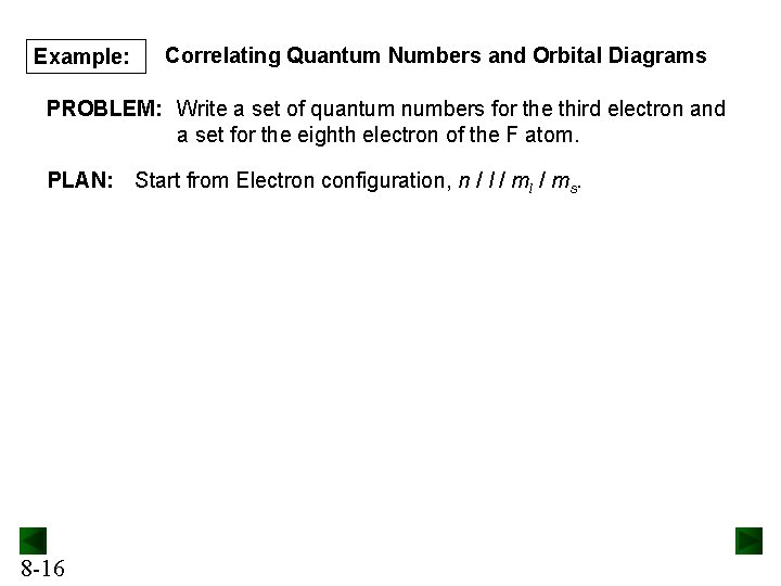 Example: Correlating Quantum Numbers and Orbital Diagrams PROBLEM: Write a set of quantum numbers