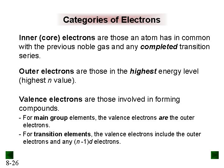 Categories of Electrons Inner (core) electrons are those an atom has in common with