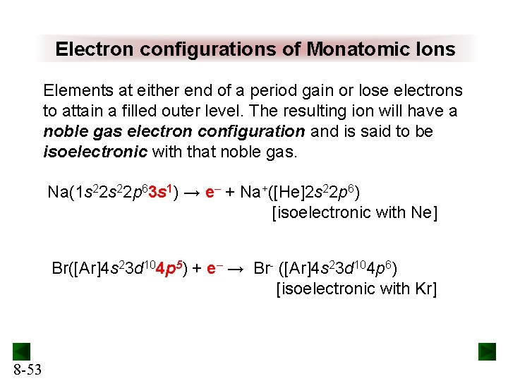 Electron configurations of Monatomic Ions Elements at either end of a period gain or