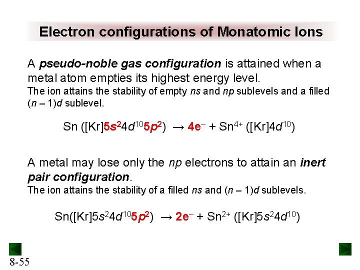 Electron configurations of Monatomic Ions A pseudo-noble gas configuration is attained when a metal Electron configurations of Monatomic Ions A pseudo-noble gas configuration is attained when a metal