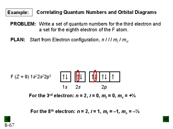 Example: Correlating Quantum Numbers and Orbital Diagrams PROBLEM: Write a set of quantum numbers