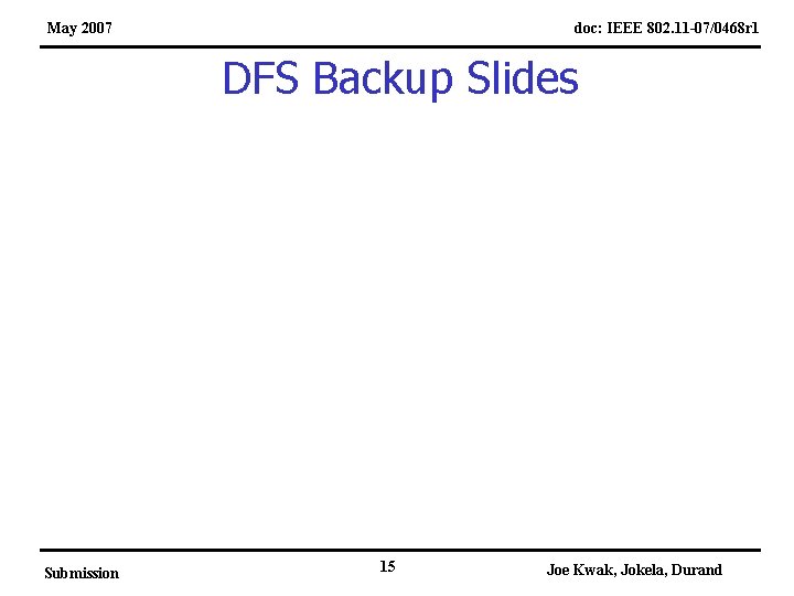 May 2007 doc: IEEE 802. 11 -07/0468 r 1 DFS Backup Slides Submission 15