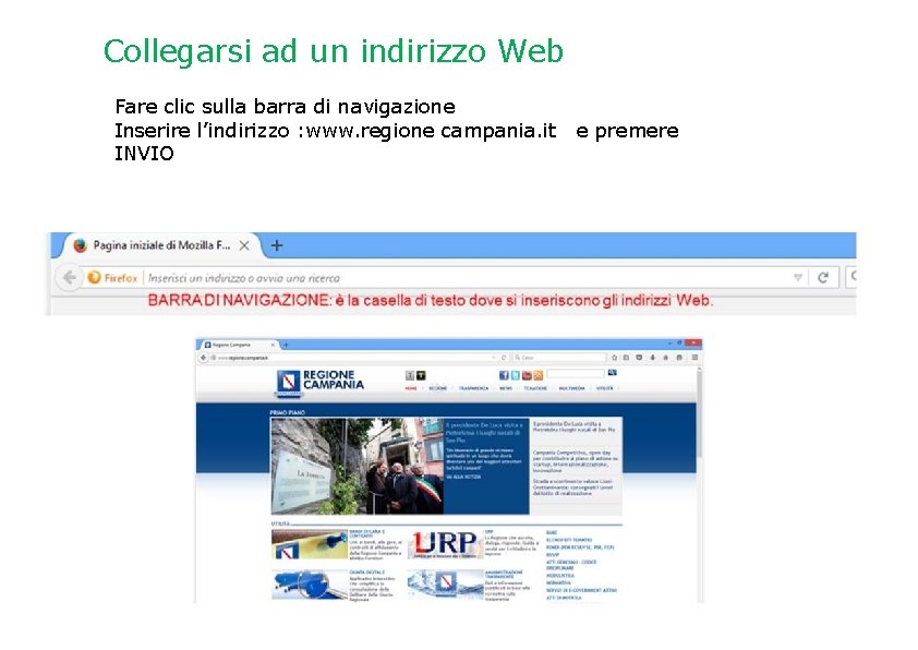 Collegarsi ad un indirizzo Web Fare clic sulla barra di navigazione Inserire l’indirizzo :