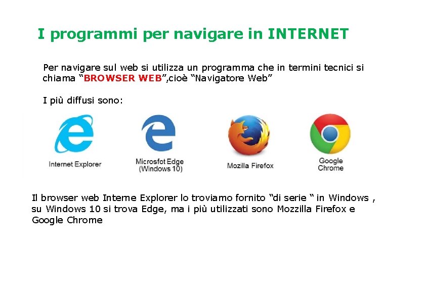 I programmi per navigare in INTERNET Per navigare sul web si utilizza un programma