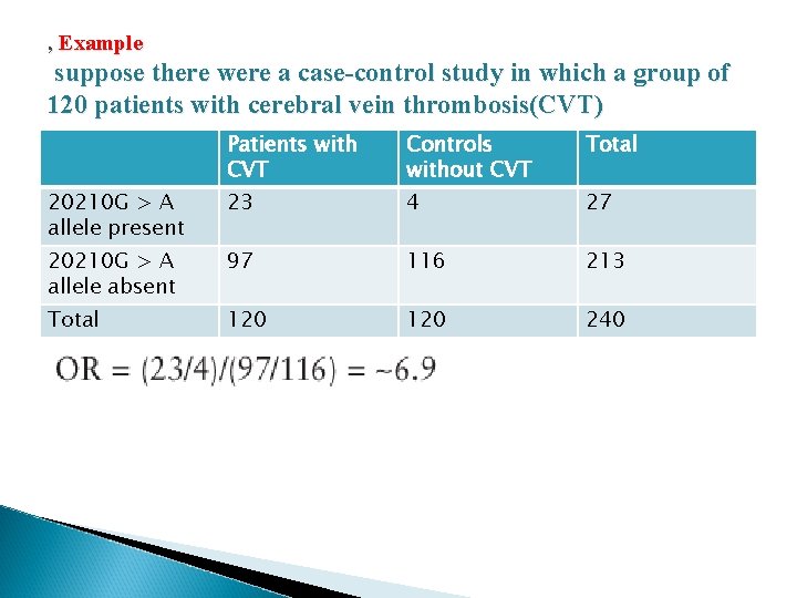 , Example suppose there were a case-control study in which a group of 120