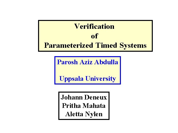 Verification of Parameterized Timed Systems Parosh Aziz Abdulla Uppsala University Johann Deneux Pritha Mahata