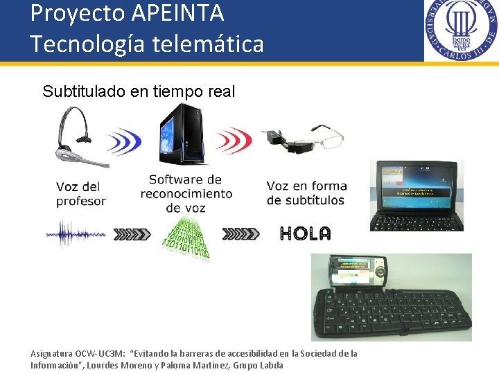 Proyecto APEINTA Tecnología telemática Subtitulado en tiempo real Asignatura OCW-UC 3 M: “Evitando la