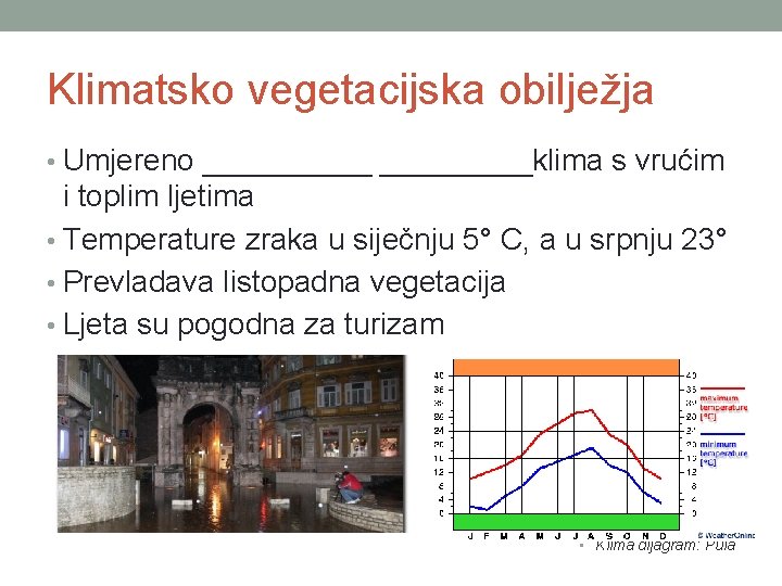 Klimatsko vegetacijska obilježja • Umjereno _____klima s vrućim i toplim ljetima • Temperature zraka