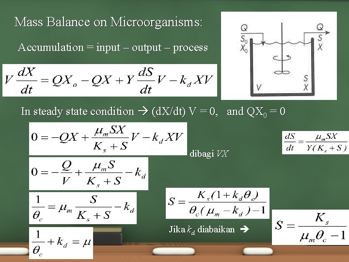 Mass Balance on Microorganisms: Accumulation = input – output – process In steady state