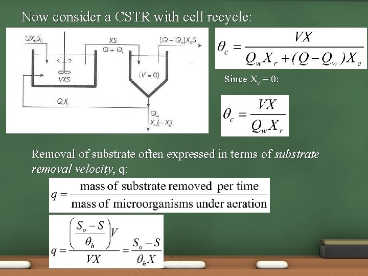 Now consider a CSTR with cell recycle: Since Xe = 0: Removal of substrate