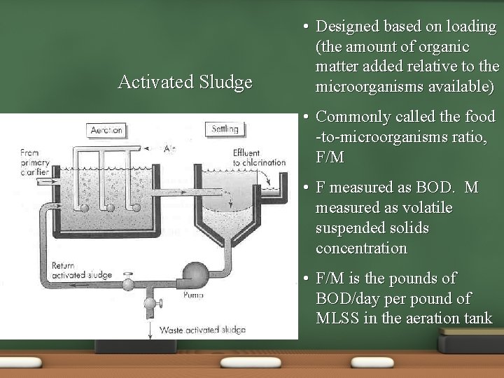 Activated Sludge • Designed based on loading (the amount of organic matter added relative