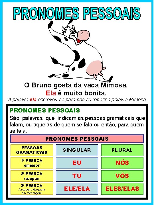 O Bruno gosta da vaca Mimosa. Ela é muito bonita. A palavra ela escreveu-se