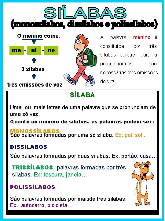 O menino come. A palavra constituída me - ni - no menino é por