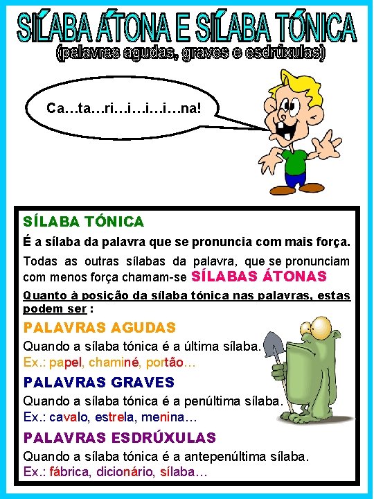 Ca…ta…ri…i…na! SÍLABA TÓNICA É a sílaba da palavra que se pronuncia com mais força.