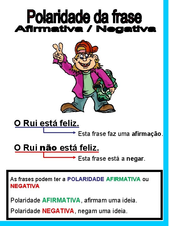 O Rui está feliz. Esta frase faz uma afirmação. O Rui não está feliz.