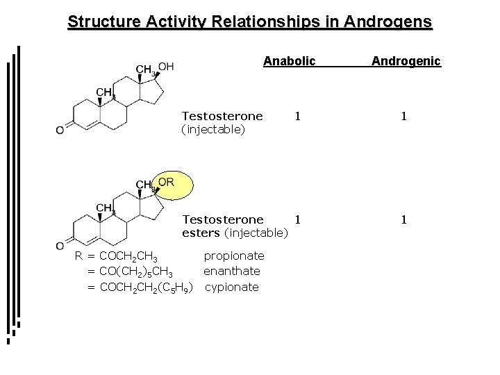 Structure Activity Relationships in Androgens Anabolic Testosterone (injectable) Androgenic 1 1 Testosterone 1 esters