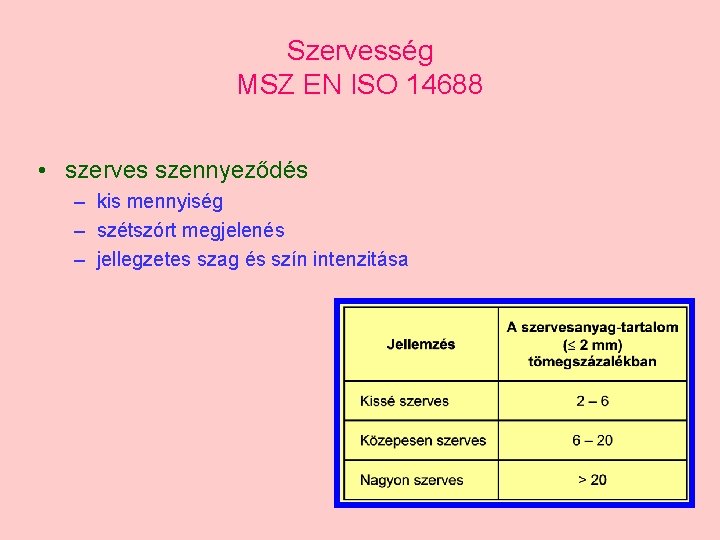 Szervesség MSZ EN ISO 14688 • szerves szennyeződés – kis mennyiség – szétszórt megjelenés