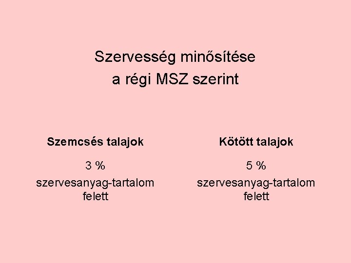 Szervesség minősítése a régi MSZ szerint Szemcsés talajok Kötött talajok 3% szervesanyag-tartalom felett 5%