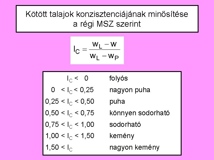 Kötött talajok konzisztenciájának minősítése a régi MSZ szerint IC < 0 0 < IC