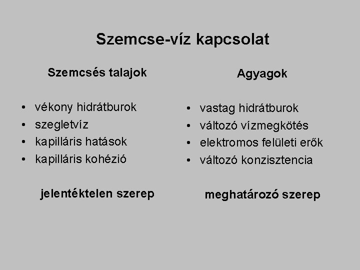 Szemcse-víz kapcsolat Szemcsés talajok • • vékony hidrátburok szegletvíz kapilláris hatások kapilláris kohézió jelentéktelen