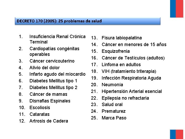 DECRETO 170 (2005): 25 problemas de salud 1. Insuficiencia Renal Crónica Terminal 2. Cardiopatías