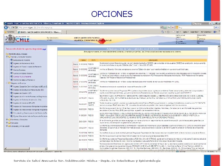OPCIONES Servicio de Salud Araucanía Sur. Sub. Dirección Médica - Depto. de Estadísticas y