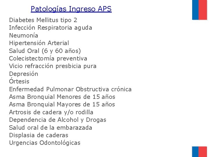 Patologías Ingreso APS Diabetes Mellitus tipo 2 Infección Respiratoria aguda Neumonía Hipertensión Arterial Salud