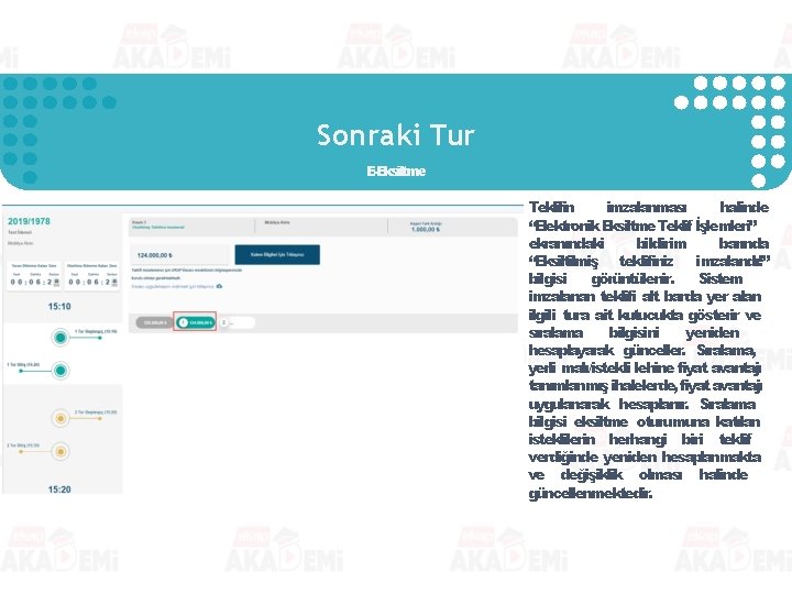 Sonraki Tur E-Eksiltme Teklifin imzalanması halinde “Elektronik Eksiltme Teklif İşlemleri” ekranındaki bildirim barında “Eksiltilmiş Sonraki Tur E-Eksiltme Teklifin imzalanması halinde “Elektronik Eksiltme Teklif İşlemleri” ekranındaki bildirim barında “Eksiltilmiş