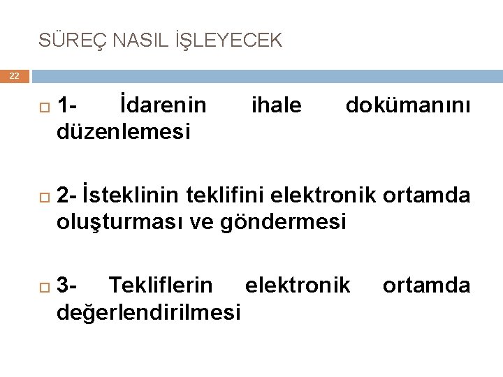 SÜREÇ NASIL İŞLEYECEK 22 1 - İdarenin düzenlemesi ihale dokümanını 2 - İsteklinin teklifini SÜREÇ NASIL İŞLEYECEK 22 1 - İdarenin düzenlemesi ihale dokümanını 2 - İsteklinin teklifini