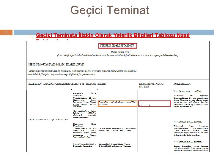 Geçici Teminat 72 Geçici Teminata İlişkin Olarak Yeterlik Bilgileri Tablosu Nasıl Doldurulucak Geçici Teminat 72 Geçici Teminata İlişkin Olarak Yeterlik Bilgileri Tablosu Nasıl Doldurulucak