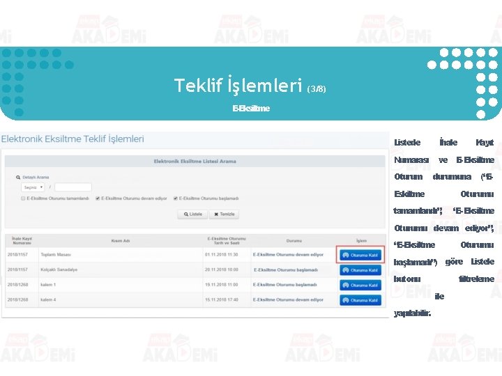 Teklif İşlemleri (3/8) E-Eksiltme Listede İhale Numarası ve E-Eksiltme Oturum Kayıt durumuna (“E- Oturumu Teklif İşlemleri (3/8) E-Eksiltme Listede İhale Numarası ve E-Eksiltme Oturum Kayıt durumuna (“E- Oturumu