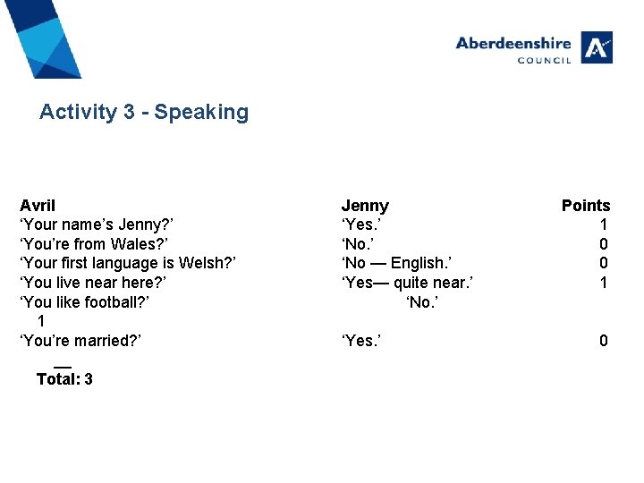 Activity 3 - Speaking Avril ‘Your name’s Jenny? ’ ‘You’re from Wales? ’ ‘Your